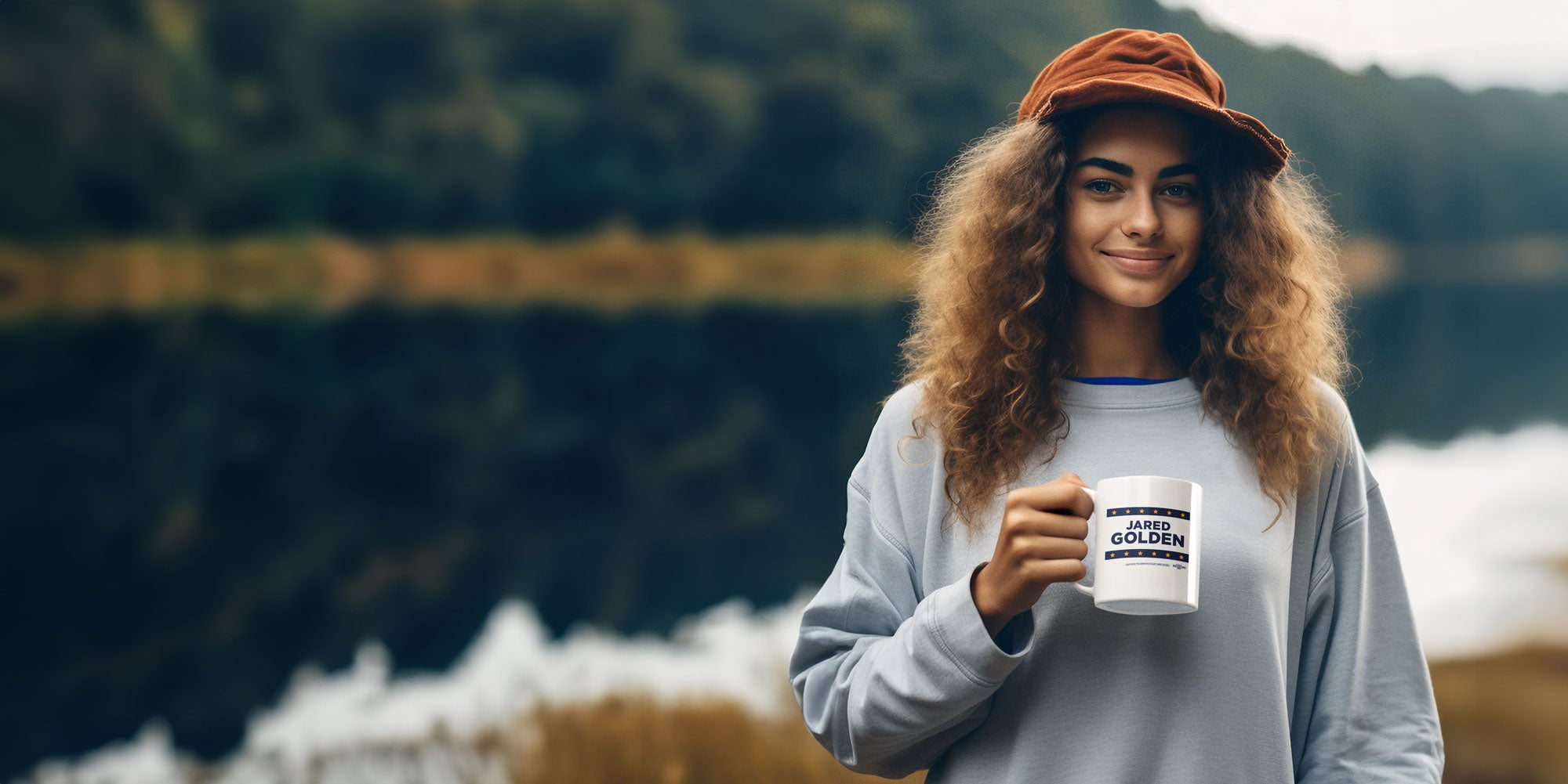 woman on beach holding mug